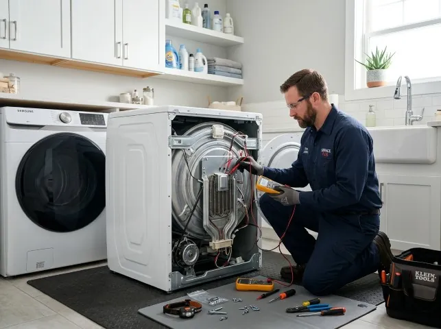 Appliance Repair Hero technician checking a dryer heating element with the rear panel off in Brookneal, VA