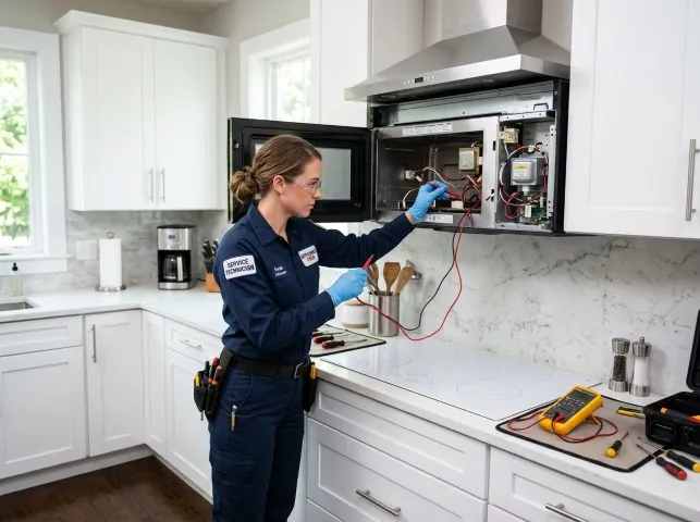 Appliance Repair Hero technician testing an over-the-range microwave in a Brookneal, VA kitchen