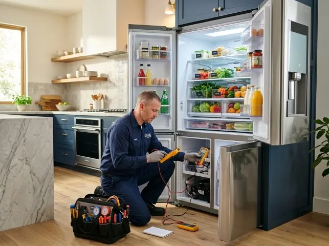 Appliance Repair Hero refrigerator technician testing a fridge on a Brookneal, VA service call