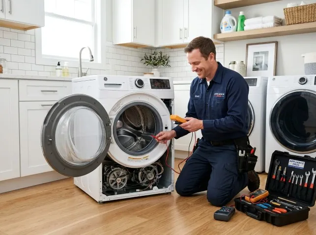 Appliance Repair Hero technician testing a front-load washer with a multimeter on a Brookneal, VA service call